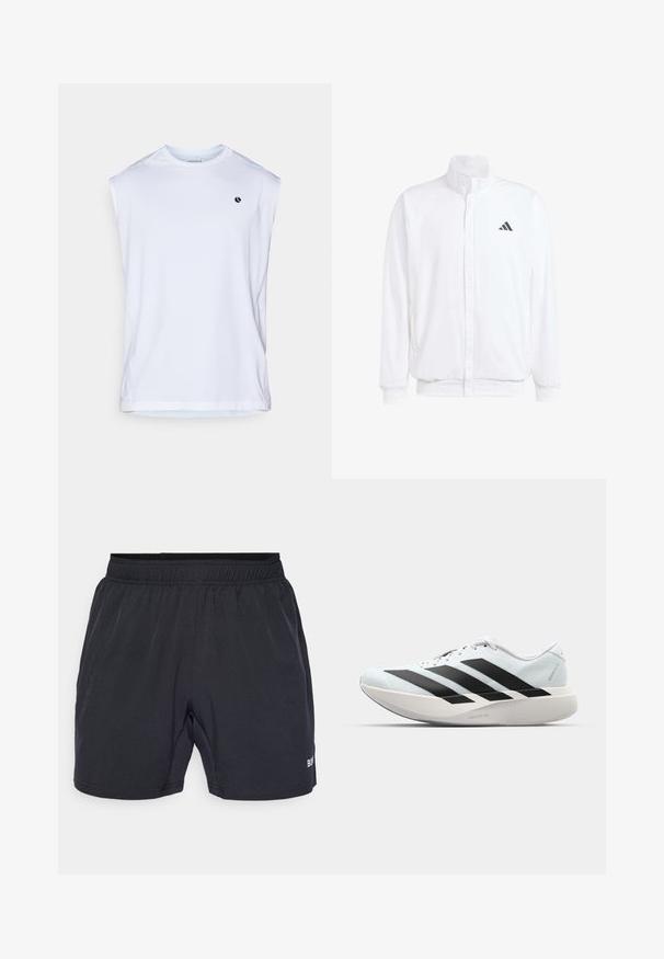 Casaco leve branco com colarinho alto, fecho frontal com zipper, bolsos laterais e um logótipo preto da Adidas no peito esquerdo. Textura suave.; Camiseta atlética branca sem mangas feita de material que absorve a humidade; apresenta um pequeno logotipo preto no peito e costuras planas para conforto.; Calções pretos com uma cintura elástica, feitos de um tecido liso e leve, apresentando um pequeno logotipo no canto inferior direito.; Tênis de corrida leves em azul pálido com riscas pretas. Apresentam um cabedal liso, bico redondo e uma entressola espessa branca rotulada como "LIGHTSTRIKE PRO."