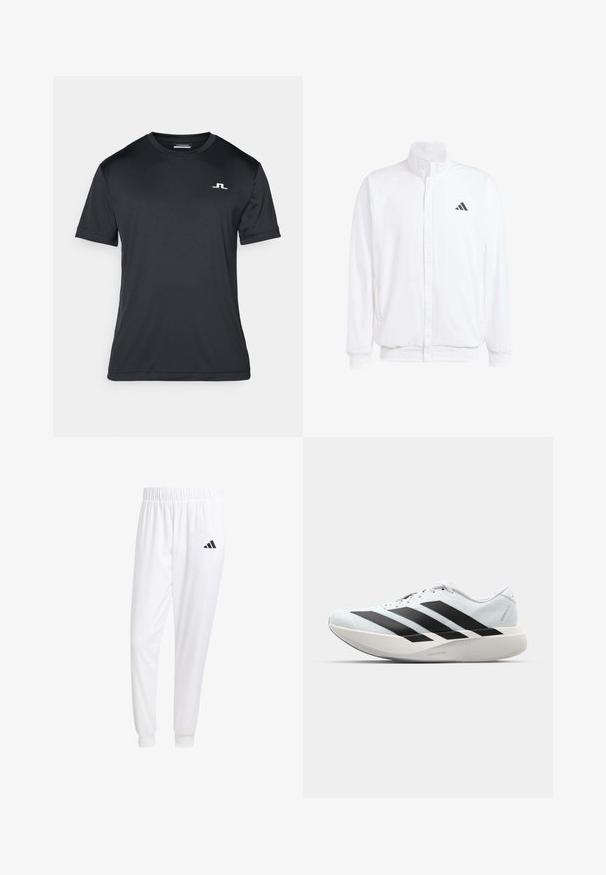 Λευκό ελαφρύ μπουφάν με όρθιο γιακά, φερμουάρ μπροστά, πλαϊνές τσέπες και μαύρο λογότυπο Adidas στο αριστερό στήθος. Μαλακή υφή.; Μαύρο αθλητικό μπλουζάκι κοντό μανίκι, φτιαγμένο από λείο, ελαφρύ ύφασμα. Διαθέτει μικρό λευκό λογότυπο στην αριστερή πλευρά του στήθους. Κλασική στρογγυλή λαιμόκοψη.; Λευκά αθλητικά παντελόνια από λείο ύφασμα, με ελαστική μέση και εφαρμοστά μανίκια, που διαθέτουν ένα μαύρο λογότυπο στην πίσω τσέπη.; Ελαφριά αθλητικά παπούτσια τρεξίματος σε ανοιχτό μπλε με μαύρες ρίγες. Διαθέτουν λείο άνω μέρος, στρογγυλή μύτη και παχύ λευκό ενδιάμεσο πέλμα που φέρει την ετικέτα "LIGHTSTRIKE PRO."