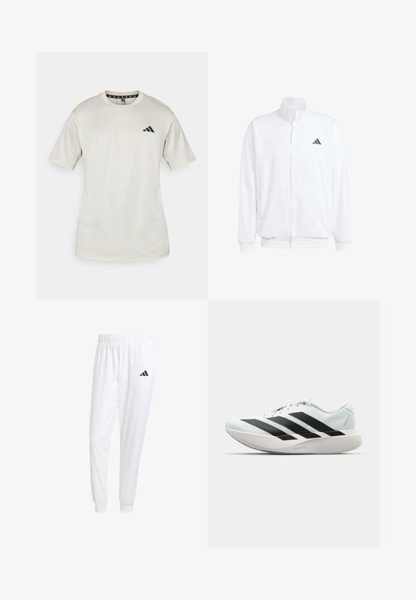 Bijela lagana jakna s visokim ovratnikom, prednjim zatvaračem, bočnim džepovima i crnim Adidas logom na lijevoj sisi. Mekana tekstura.; adidas Performance Sportska majica - alumina/black; Bijele atletske hlače od glatkog materijala, sa elastičnom vrpcom u struku i pripijenim manžetama, sa crnim logom na stražnjem džepu.; Lagane tenisice za trčanje u svijetloplavoj boji s crnim trakama. Imaju glatku gornju površinu, okrugli vrh i debeli bijeli srednji sloj označen "LIGHTSTRIKE PRO."