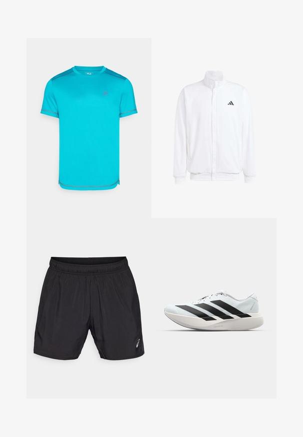 Casaco leve branco com colarinho alto, fecho frontal com zipper, bolsos laterais e um logótipo preto da Adidas no peito esquerdo. Textura suave.; T-shirt desportivo turquesa com mangas curtas, costura cinza em contraste e um pequeno logotipo no peito. Textura suave, ajuste regular.; Calções atléticos pretos feitos de material leve, com um cós elástico e um pequeno logótipo no canto inferior esquerdo.; Tênis de corrida leves em azul pálido com riscas pretas. Apresentam um cabedal liso, bico redondo e uma entressola espessa branca rotulada como "LIGHTSTRIKE PRO."