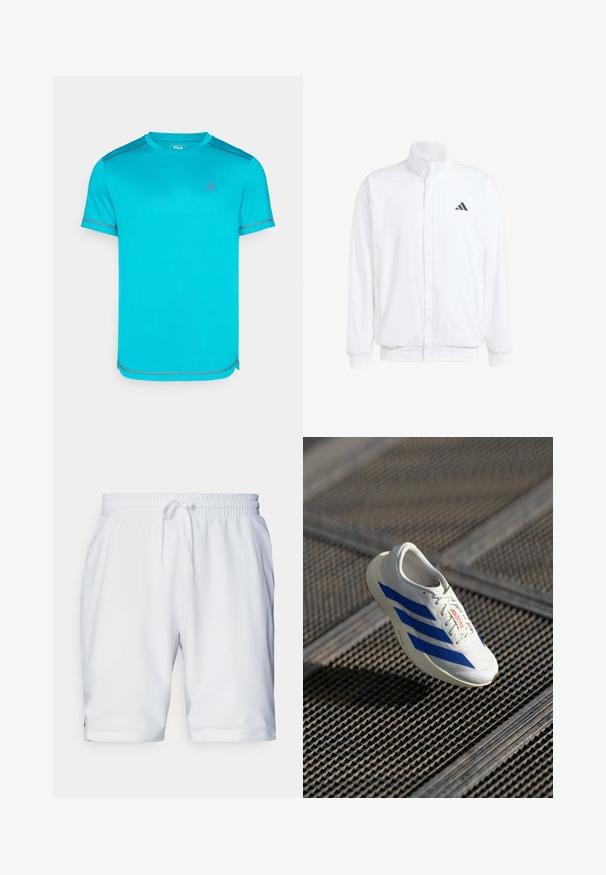 Biela ľahká bunda so stojáčikovým golierom, predným zipsom, bočnými vreckami a čiernym logom Adidas na ľavej hrudi. Mäkčená štruktúra.; Tyrkysové športové tričko s krátkymi rukávmi, kontrastným šedým šitím a malým logom na hrudi. Hladká textura, bežný strih.; Biele športové šortky s elastickým pásom a nastaviteľnou šnúrkou. Hladká tkanina s jemnou textúrou, s bočnými vreckami.; Biele športové tenisky s modrými pruhmi, ľahký dizajn, sieťovina horná časť, šnurovacie uzavretie a textúrovaná gumová podrážka, plávajúce nad mriežkovou plochou.