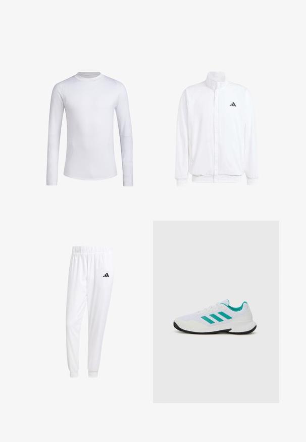 Weiße leichte Jacke mit Stehkragen, durchgehendem Reißverschluss, seitlichen Taschen und schwarzem Adidas-Logo auf der linken Brust. Weicher Stoff.; Weißes langärmliges Sportshirt aus glattem, dehnbarem Stoff. Verfügt über einen Rundhalsausschnitt und eine schlanke Passform, mit dezenten Details an den Ärmeln.; Weiße Sporthose aus glattem Stoff, mit einem elastischen Bund und enganliegenden Bündchen, mit einem schwarzen Logo auf der Gesäßtasche.; Weißer Sportschuh mit türkisfarbenen Akzenten, Obermaterial aus Mesh, drei parallelen Streifen an der Seite, strukturiertem Fersenbereich und einer schwarzen Gummisohle.