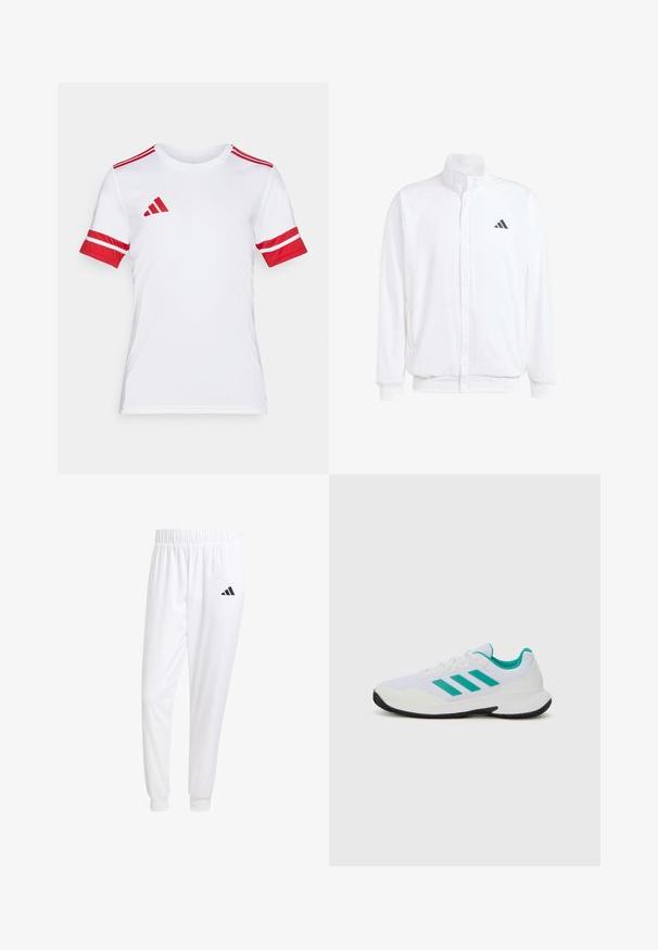 Biała lekka kurtka z podwyższonym kołnierzem, przednim zamkiem błyskawicznym, bocznymi kieszeniami oraz czarnym logo Adidas na lewej piersi. Miękka tekstura.; Biała sportowa koszulka z krótkim rękawem z czerwonymi akcentami, w tym paskowane rękawy i detale na ramionach, wykonana z gładkiego, trwałego materiału.; Białe sportowe spodnie z gładkiego materiału, z elastycznym pasem w talii i dopasowanymi mankietami, z czarnym logo na tylnej kieszeni.; Białe sportowe buty z turkusowymi akcentami, siateczkowa cholewka, trzy równoległe paski po boku, usztywniony zapiętek i czarna gumowa podeszwa.