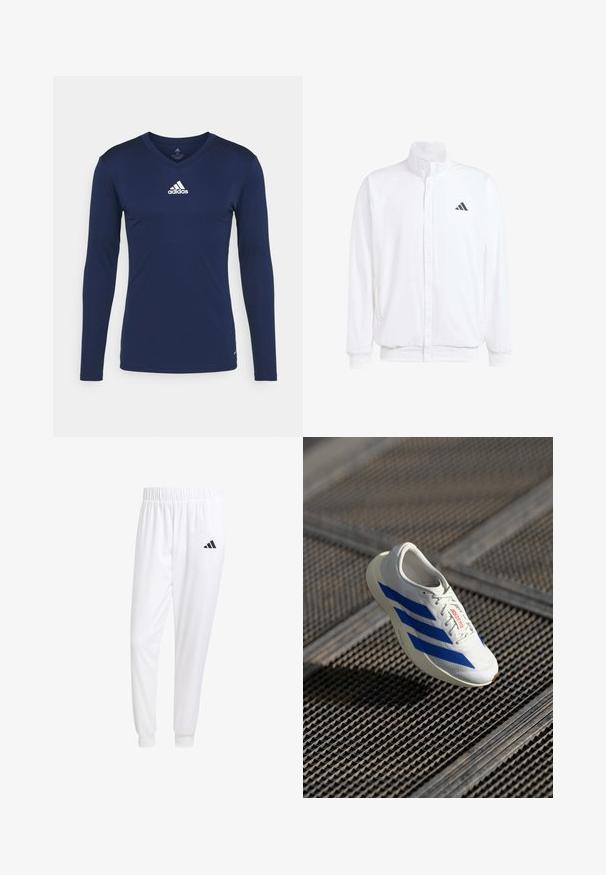 Veste légère blanche avec col montant, fermeture éclair sur le devant, poches latérales, et un logo Adidas noir sur la poitrine gauche. Texture douce.; T-shirt de sport à manches longues bleu marine en tissu texturé, avec un col en V et un logo Adidas blanc sur la poitrine. Design simple, coupe ajustée.; Pantalons de sport blancs en tissu lisse, dotés d'une taille élastique et de poignets ajustés, avec un logo noir sur la poche arrière.; Baskets blanches avec rayures bleues, design léger, empeigne en maille, fermeture à lacets et semelle en caoutchouc texturée, flottant au-dessus d'une surface en grille.