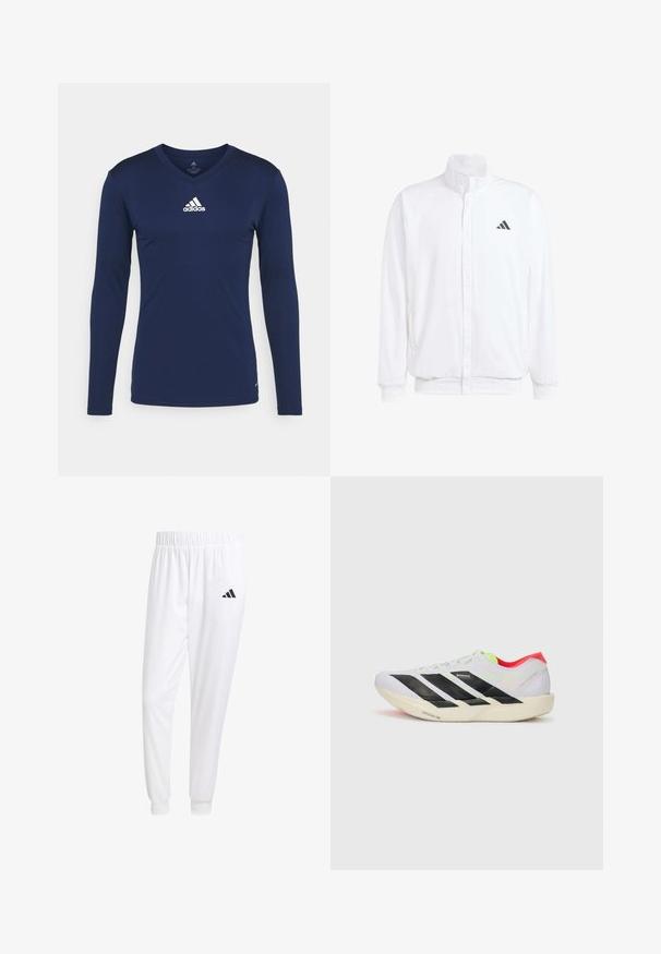 Biela ľahká bunda so stojáčikovým golierom, predným zipsom, bočnými vreckami a čiernym logom Adidas na ľavej hrudi. Mäkčená štruktúra.; Námornícky dlhý rukáv atletická košeľa vyrobená z textúrovanej tkaniny s V-krkom a bielym logom Adidas na hrudi. Jednoduchý dizajn, priliehavý strih.; Biele športové nohavice z hladkej tkaniny, s elastickým pásom a priliehavými manžetami, s čiernym logom na zadnej vrecku.; Biele behacie topánky s čiernymi pruhmi, neonovo zelenými akcentmi a červeným podpätkom. Majú ľahkú konštrukciu a textúrovanú podrážku pre lepšiu trakciu.