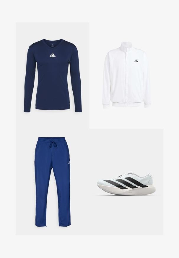 Balta lengva striukė su stovinčiu apykaklės, priekyje užtrauktuku, šoninėmis kišenėmis ir juodu Adidas logotipu kairėje krūtinės pusėje. Minkšta tekstūra.; Jūrinės mėlynos spalvos ilgomis rankovėmis sportinė marškinėliai, pagaminti iš tekstūruoto audinio, su V formos iškirpte ir balta Adidas logotipu krūtinėje. Paprastas dizainas, prigludusio kirpimo.; Tamsiai mėlynos sportinės kelnės su elastingu juosmeniu ir raišteliu. Šone yra subtilus logotipas ir užtrauktuko atvartai ant kulkšnių.; Lengvi bėgimo batai šviesiai mėlynos spalvos su juodomis juostelėmis. Yra lygus viršus, apvalus pirštas ir storas baltas vidpadis su užrašu "LIGHTSTRIKE PRO."
