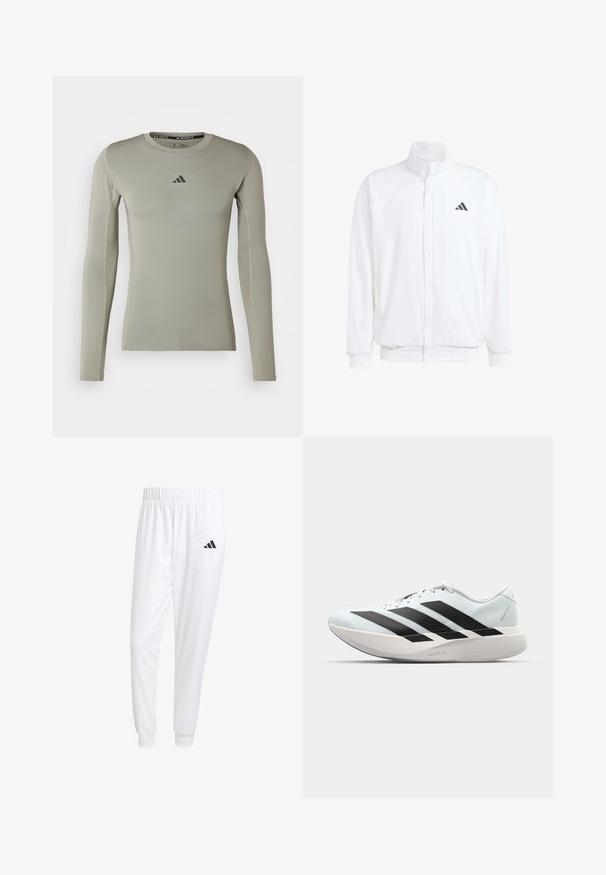 Balta lengva striukė su stovinčiu apykaklės, priekyje užtrauktuku, šoninėmis kišenėmis ir juodu Adidas logotipu kairėje krūtinės pusėje. Minkšta tekstūra.; Ilga rankovė sportinė marškiniai šviesiai žalsvo audinio. Yra apvalus iškirpimas, prigludusi forma ir mažas juodas logotipas ant krūtinės.; Balti sportiniai keliaraiščiai, pagaminti iš lygios medžiagos, su elastinga liemene ir priglundančiais rankogaliais, ant galinio kišenės yra juodas logotipas.; Lengvi bėgimo batai šviesiai mėlynos spalvos su juodomis juostelėmis. Yra lygus viršus, apvalus pirštas ir storas baltas vidpadis su užrašu "LIGHTSTRIKE PRO."