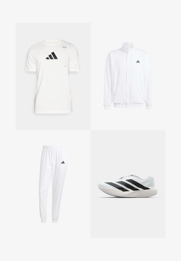 White lightweight jacket featuring a stand collar, front zipper closure, side pockets, and a black Adidas logo on the left chest. Soft texture.; adidas Performance ALL GYM CATEGORY GRAPHIC - Print T-shirt - chalk white; White athletic pants made of smooth fabric, featuring an elastic waistband and fitted cuffs, with a black logo on the back pocket.; Lightweight running shoes in pale blue with black stripes. Features a smooth upper, round toe, and thick white midsole labeled "LIGHTSTRIKE PRO."