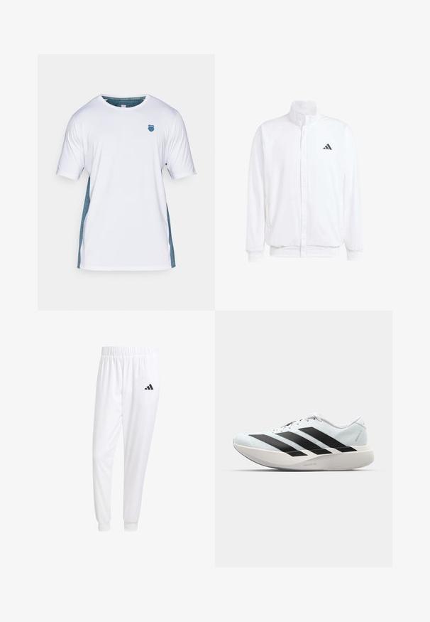 Valkoinen kevyt takki, jossa on pystysuora kaulus, etuvetoketju, sivutaskut ja musta Adidas-logo vasemmassa rinnassa. Pehmeä rakenne.; Valkoinen lyhythihainen T-paita, jossa on turkoosit sivuosat ja sininen kilpilogot rintakehässä. Valmistettu hengittävästä kankaasta, sileä pinta.; Valkoiset urheiluhousut, jotka on valmistettu sileästä kankaasta, jossa on joustava vyötärö ja istuvat hihat, ja joissa on musta logo takataskussa.; Kevyt juoksukengät vaaleansinisinä mustilla raidoilla. Ominaisuuksiin kuuluu sileä pinta, pyöreä kärki ja paksu valkoinen välipohja, joka on merkitty "LIGHTSTRIKE PRO".