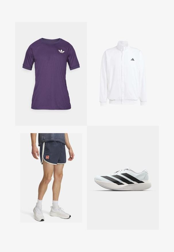 Biała lekka kurtka z podwyższonym kołnierzem, przednim zamkiem błyskawicznym, bocznymi kieszeniami oraz czarnym logo Adidas na lewej piersi. Miękka tekstura.; Fioletowa koszulka sportowa z krótkimi rękawami, z okrągłym dekoltem i białym logo po lewej stronie klatki piersiowej. Gładki, lekki materiał.; Granatowe szorty sportowe z białym wykończeniem i logo Under Armour. Lekkie materiały z teksturowaną powierzchnią, zaprojektowane z myślą o komforcie podczas aktywności fizycznej.; Lekkie buty do biegania w jasnoniebieskim kolorze z czarnymi pasami. Posiadają gładką cholewkę, okrągły nosek oraz grubą białą podeszwę środkową oznaczoną "LIGHTSTRIKE PRO."
