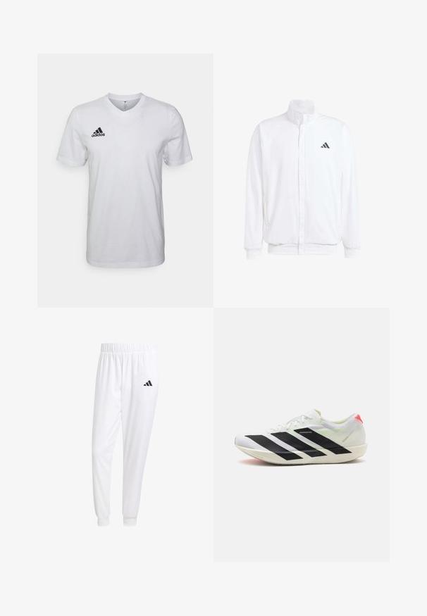 Bela lahka jakna s stojčnim ovratnikom, sprednjim zadrgo, stranskimi žepi in črnimi Adidasovimi logotipi na levem prsnem delu. Mehak material.; Bela bombažna majica z V-izrezom, kratkimi rokavi in črnim Adidasovim logotipom na levem prsnem delu. Preprost in lahek dizajn.; Bele atletske hlače iz gladkega materiala, z elastičnim pasom in prilagojenimi manšetami, na zadnjem žepu pa je črna logo.; Bela športna čevlja z črnimi diagonalnimi črtami, lahka mrežasta materiala, zelenimi poudarki in rdečim petnim delom; odlikuje jih eleganten, podolgovat dizajn.