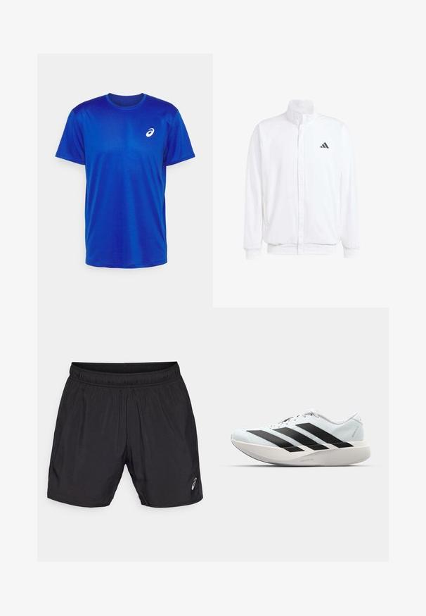 Biela ľahká bunda so stojáčikovým golierom, predným zipsom, bočnými vreckami a čiernym logom Adidas na ľavej hrudi. Mäkčená štruktúra.; ASICS CORE TOP - Športové tričko - blue; Čierne atletické šortky vyrobené z ľahkého materiálu, s elastickým pásom a malým logom na dolnej ľavej strane.; Ľahké bežecké topánky v svetlomodrej farbe s čiernymi pruhmi. Majú hladký zvršok, okrúle špičky a hrubú bielu medzipodrážku označenú "LIGHTSTRIKE PRO."