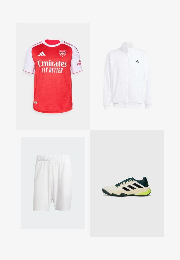 Hvid letvægtsjakke med en ståkrave, frontlynlås, sidelommer og et sort Adidas-logo på venstre bryst. Blød tekstur.; Rød og hvid Arsenal fodboldtrøje med korte ærmer, der har et tekstureret mønster, "Emirates Fly Better" logo og Adidas striber.; Hvide sportshorts lavet af letvægtsstof, med elastisk talje, glat tekstur og knælængde.; Tennis sko med en cremefarvet overdel, sorte striber, grønne detaljer og en struktureret gummisål for greb. Fremstillet af syntetiske materialer.