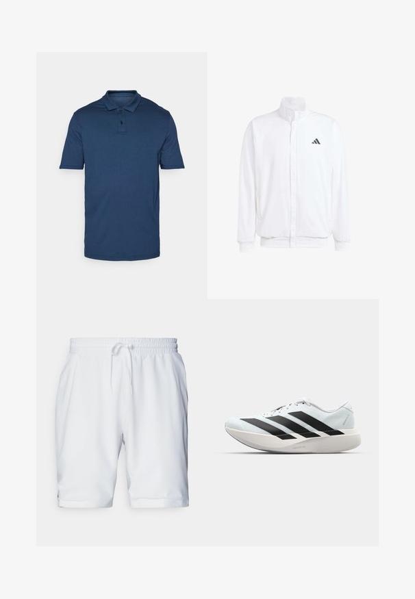 Balts viegls jaciņš ar stāvo apkakli, priekšējo rāvējslēdzēju, sānu kabatām un melnu Adidas logo kreisajā krūtī. Mīksta tekstūra.; Navy zila T-kreklu ar īsām piedurknēm, kas izgatavots no mīksta auduma; tam ir klasiskā apkakle, trīs pogu aizdare un smalks šuvums.; Baltas sporta šorts ar elastīgu jostu un regulējamu auklu. Gluda auduma struktūra ar nelielu tekstūru, ar sānu kabatām.; Gaiši zili vieglie skriešanas apavi ar melniem svītrainiem. Iezīmēti ar gludu augšpusi, apaļu purngalu un biezāko balto vidējo zoli, kurā ir uzraksts "LIGHTSTRIKE PRO."