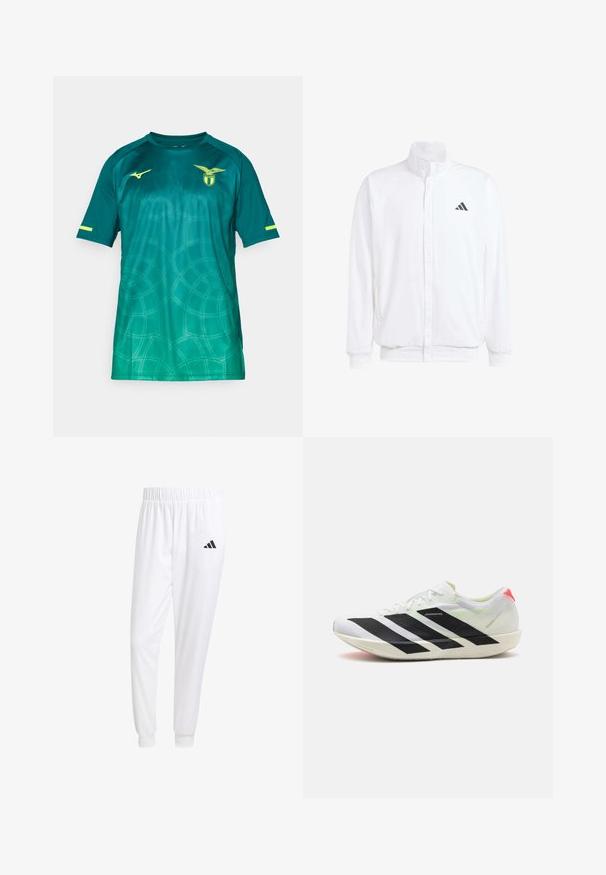 Casaco leve branco com colarinho alto, fecho frontal com zipper, bolsos laterais e um logótipo preto da Adidas no peito esquerdo. Textura suave.; Camisola desportiva em gradiente verde, com mangas curtas, decote redondo e um padrão circular texturizado. Inclui um logotipo e detalhes em amarelo.; Calças esportivas brancas feitas de tecido suave, com uma cintura elástica e punhos ajustados, apresentando um logo preto no bolso de trás.; Sapatilha atlética branca com riscas diagonais pretas, material de malha leve, detalhes em verde e aba do calcanhar vermelha; apresenta um design elegante e alongado.