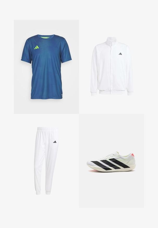Bela lahka jakna s stojčnim ovratnikom, sprednjim zadrgo, stranskimi žepi in črnimi Adidasovimi logotipi na levem prsnem delu. Mehak material.; Modra športna majica iz lahkega materiala, z okroglim izrezom, kratkimi rokavi in zelenim logotipom na levi prsni strani.; Bele atletske hlače iz gladkega materiala, z elastičnim pasom in prilagojenimi manšetami, na zadnjem žepu pa je črna logo.; Bela športna čevlja z črnimi diagonalnimi črtami, lahka mrežasta materiala, zelenimi poudarki in rdečim petnim delom; odlikuje jih eleganten, podolgovat dizajn.