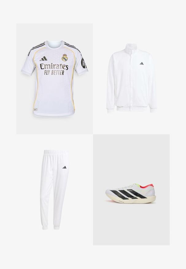 Bela lahka jakna s stojčnim ovratnikom, sprednjim zadrgo, stranskimi žepi in črnimi Adidasovimi logotipi na levem prsnem delu. Mehak material.; Bela nogometna majica s kratkimi rokavi, ki vsebuje črne in rumene detajle, okroglo ovratnico in teksturirano tkanino. Prikazuje klubskega logotipa in ime sponzorja.; Bele atletske hlače iz gladkega materiala, z elastičnim pasom in prilagojenimi manšetami, na zadnjem žepu pa je črna logo.; Bela športna obutev z črnimi črtami, neonsko zelenimi poudarki in rdečo peto. Ima lahko zasnovo in teksturiran podplat za dober oprijem.