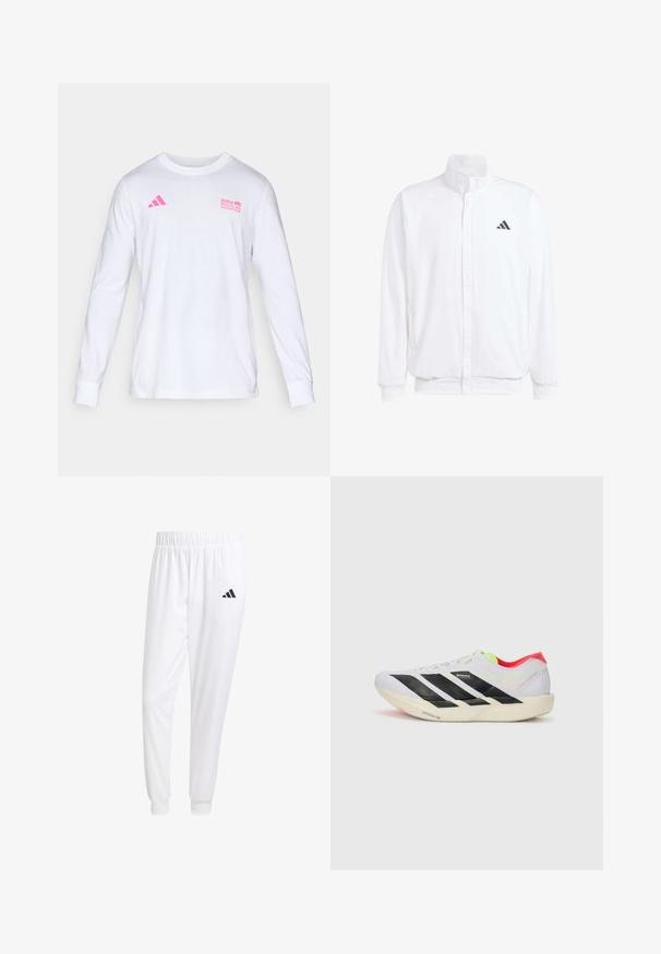 Chaqueta ligera blanca con cuello alzado, cierre frontal con cremallera, bolsillos laterales y un logo negro de Adidas en el lado izquierdo del pecho. Textura suave.; Camiseta blanca de manga larga con cuello redondo, con el logo rosa de Adidas y el texto del Maratón de Berlín de BMW en el pecho.; Pantalones deportivos blancos de tela suave, con cinturilla elástica y puños ajustados, y un logo negro en el bolsillo trasero.; Zapatilla de running blanca con franjas negras, detalles en verde neón y un talón rojo. Presenta un diseño ligero y una suela texturizada para un mejor agarre.