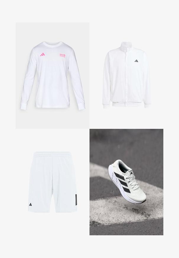 Giacca leggera bianca con colletto alto, chiusura frontale con zip, tasche laterali e logo Adidas nero sul lato sinistro del petto. Texture morbida.; Maglietta bianca a maniche lunghe con collo tondo, logo Adidas rosa e testo del Berlin Marathon BMW sul petto.; Pantaloncini sportivi bianchi con vita elasticizzata, caratterizzati da tre strisce nere sui lati e un logo nero sulla parte inferiore della gamba sinistra.; Scarpa sportiva bianca con tomaia in rete testurizzata, strisce nere, chiusura con lacci e suola ammortizzata, che levita sopra una superficie stradale segnata.