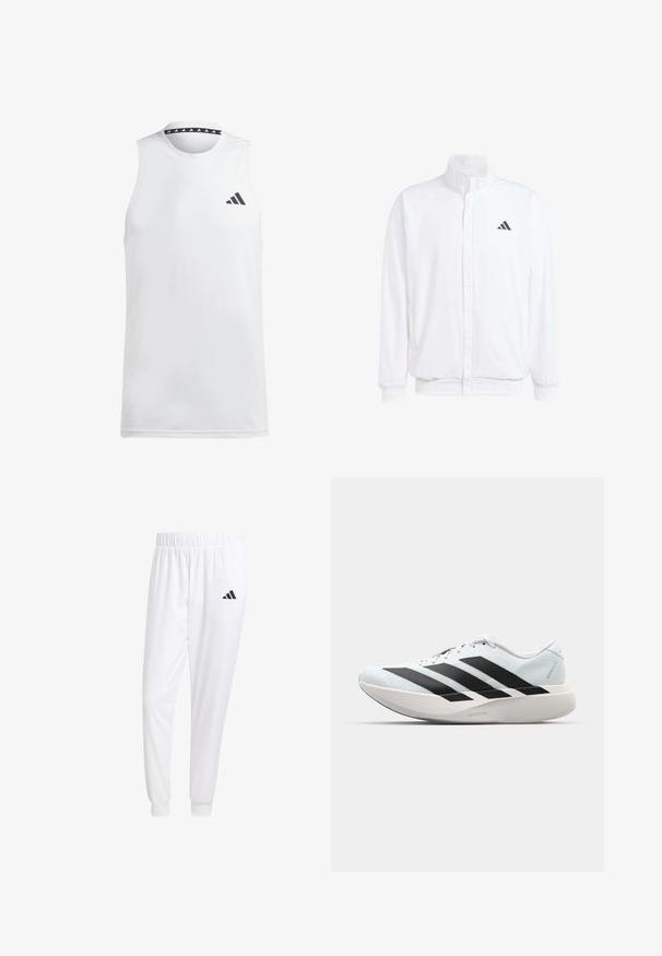 Weiße leichte Jacke mit Stehkragen, durchgehendem Reißverschluss, seitlichen Taschen und schwarzem Adidas-Logo auf der linken Brust. Weicher Stoff.; Weißes ärmelloses Sport-Tanktop aus glattem Stoff. Verfügt über ein schwarzes Logo auf der linken Brust und einen gemusterten schwarzen Halsausschnitt.; Weiße Sporthose aus glattem Stoff, mit einem elastischen Bund und enganliegenden Bündchen, mit einem schwarzen Logo auf der Gesäßtasche.; Leichte Laufschuhe in hellblau mit schwarzen Streifen. Sie verfügen über ein glattes Obermaterial, eine runde Zehenpartie und eine dicke weiße Zwischensohle, die mit "LIGHTSTRIKE PRO" beschriftet ist.
