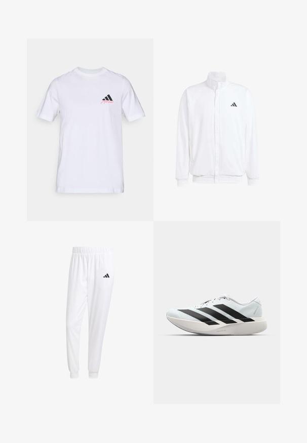 Balts viegls jaciņš ar stāvo apkakli, priekšējo rāvējslēdzēju, sānu kabatām un melnu Adidas logo kreisajā krūtī. Mīksta tekstūra.; Baltas kokvilnas T-krekls ar melnu triju svītru logo un rozā uzrakstu 'Merkel' uz kreisā krūts. Klasiska apaļa kakla izgriezums un īsas piedurknes.; Baltas sporta bikses, kas izgatavotas no gludas auduma, ar elastīgu jostu un pieguļošiem uzmavām, ar melnu logotipu aizmugurējā kabatā.; Gaiši zili vieglie skriešanas apavi ar melniem svītrainiem. Iezīmēti ar gludu augšpusi, apaļu purngalu un biezāko balto vidējo zoli, kurā ir uzraksts "LIGHTSTRIKE PRO."