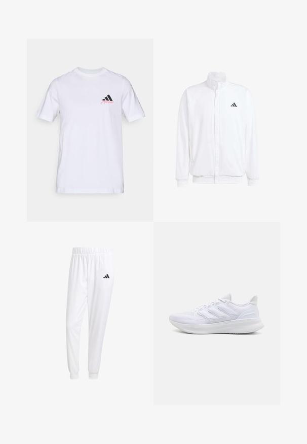 Witte lichtgewicht jas met een staande kraag, voorzijde met rits, zijzakken en een zwart Adidas-logo op de linkerborst. Zachte textuur.; Witte katoenen t-shirt met een zwart drie-strepenlogo en 'Merkel' in het roze op de linkerborst. Klassieke ronde halslijn en korte mouwen.; Witte sportbroek van gladde stof, met een elastische tailleband en smalle taillebanden, voorzien van een zwart logo op de achterzak.; Witte sportschoenen met een gestructureerde mesh bovenkant, een ondersteunende gevoerde zool en een ontwerp met drie strepen aan de zijkant.