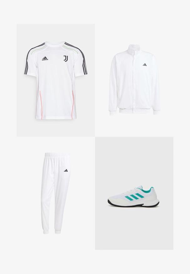 Valkoinen kevyt takki, jossa on pystysuora kaulus, etuvetoketju, sivutaskut ja musta Adidas-logo vasemmassa rinnassa. Pehmeä rakenne.; Valkoinen Adidas Juventus -paita, jossa on mustat raidat harteilla, vihreät yksityiskohdat ja punaiset sivusaumat. Ominaisuuksiin kuuluu pyöreä kaula-aukko ja logo.; Valkoiset urheiluhousut, jotka on valmistettu sileästä kankaasta, jossa on joustava vyötärö ja istuvat hihat, ja joissa on musta logo takataskussa.; Valkoinen urheilukenkä turkooseilla yksityiskohdilla, verkkomateriaali ylhäällä, kolme vierekkäistä raitaa sivuissa, rakenteellinen kanta ja musta kumipohja.