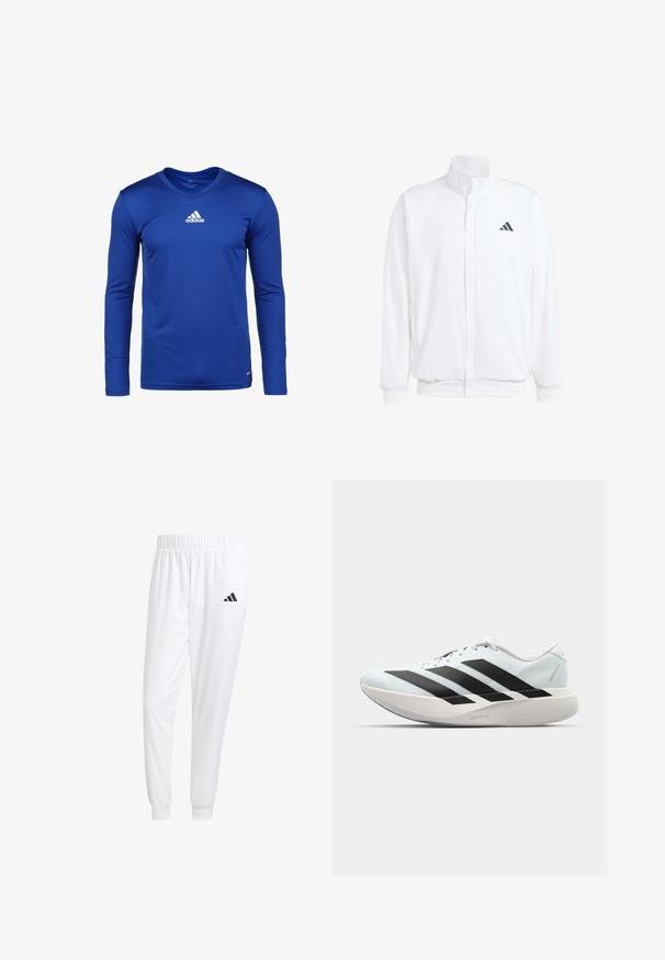Balts viegls jaciņš ar stāvo apkakli, priekšējo rāvējslēdzēju, sānu kabatām un melnu Adidas logo kreisajā krūtī. Mīksta tekstūra.; Garais piedurkņu zilais sporta krekls, kas izgatavots no mitrumu izturoša auduma, ar v-veida kaklu un baltu Adidas logotipu uz krūšu daļas.; Baltas sporta bikses, kas izgatavotas no gludas auduma, ar elastīgu jostu un pieguļošiem uzmavām, ar melnu logotipu aizmugurējā kabatā.; Gaiši zili vieglie skriešanas apavi ar melniem svītrainiem. Iezīmēti ar gludu augšpusi, apaļu purngalu un biezāko balto vidējo zoli, kurā ir uzraksts "LIGHTSTRIKE PRO."