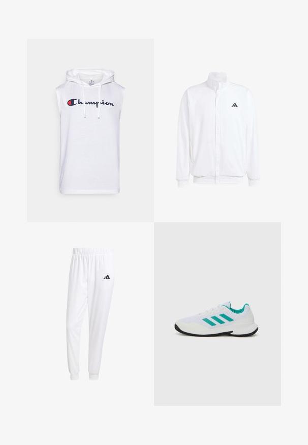 Balta lengva striukė su stovinčiu apykaklės, priekyje užtrauktuku, šoninėmis kišenėmis ir juodu Adidas logotipu kairėje krūtinės pusėje. Minkšta tekstūra.; Baltas be rankovių kapisonas, pagamintas iš minkštos medžiagos. Savybių - priekinė kengūros kišenė ir juodas bei raudonas "Champion" logotipas ant krūtinės.; Balti sportiniai keliaraiščiai, pagaminti iš lygios medžiagos, su elastinga liemene ir priglundančiais rankogaliais, ant galinio kišenės yra juodas logotipas.; Baltos sportinės bateliai su turkio akcentais, tinklinė viršutinė dalis, trys lygiagrečios juostos šone, struktūrizuotas kulnas ir juodas guminis padas.