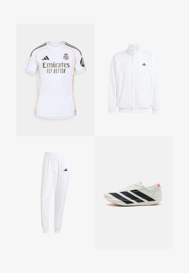Casaco leve branco com colarinho alto, fecho frontal com zipper, bolsos laterais e um logótipo preto da Adidas no peito esquerdo. Textura suave.; Camisa de futebol branca feita de tecido leve, com detalhes amarelos, riscas pretas nos ombros e o logótipo da equipa no peito.; Calças esportivas brancas feitas de tecido suave, com uma cintura elástica e punhos ajustados, apresentando um logo preto no bolso de trás.; Sapatilha atlética branca com riscas diagonais pretas, material de malha leve, detalhes em verde e aba do calcanhar vermelha; apresenta um design elegante e alongado.