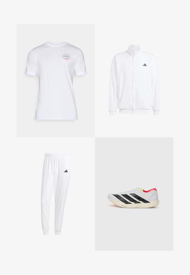 Fehér, könnyű dzseki, álló gallérral, elülső cipzáros záródással, oldalsó zsebekkel és fekete Adidas logóval a bal mellen. Puha tapintású.; Fehér pamut póló rövid ujjakkal, kerek nyakkivágással, és virágos díszítéssel ellátott logóval a bal mellkas területén.; Fehér sportnadrág sima anyagból, rugalmas derékpánttal és szűkített bokákkal, a hátsó zsebében fekete logóval.; Fehér futócipő fekete csíkokkal, neon zöld részletekkel és piros sarokkal. Könnyű dizájnnal és texturált talppal rendelkezik a tapadás érdekében.