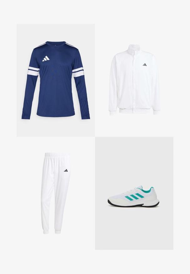 Bijela lagana jakna s visokim ovratnikom, prednjim zatvaračem, bočnim džepovima i crnim Adidas logom na lijevoj sisi. Mekana tekstura.; Dugog rukav atletskih majica tamnoplave boje. Ima bijele pruge na rukavima i tri bijele pruge na ramenu. Adidas logo na prsima.; Bijele atletske hlače od glatkog materijala, sa elastičnom vrpcom u struku i pripijenim manžetama, sa crnim logom na stražnjem džepu.; Bijela atletska cipela s tirkiznim akcentima, mrežastim gornjim dijelom, tri paralelne pruge sa strane, strukturiranim petnim dijelom i crnim gumenenim potplatom.