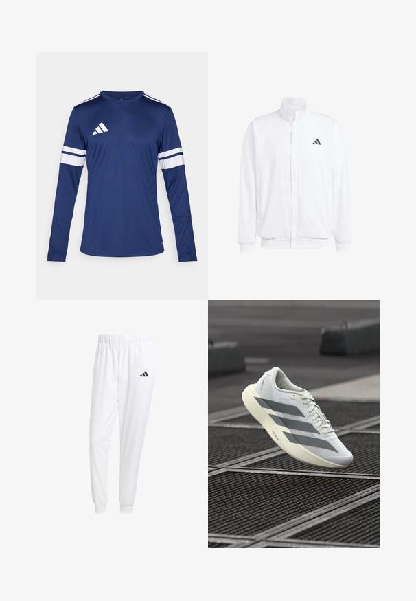 Bela lahka jakna s stojčnim ovratnikom, sprednjim zadrgo, stranskimi žepi in črnimi Adidasovimi logotipi na levem prsnem delu. Mehak material.; Majica z dolgimi rokavi v temno modri tkanini. Ima bele črte na rokavih in tri bele črte na rami. Logo Adidas na prsih.; Bele atletske hlače iz gladkega materiala, z elastičnim pasom in prilagojenimi manšetami, na zadnjem žepu pa je črna logo.; Bela športna obutev z zgornjim delom iz teksturirane mrežice, opremljena s sivimi črtami in podloženim podplatom. Lahka zasnova, primerna za tek.
