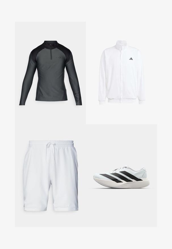 Valge kerge jakk, millel on seisev krae, ees lukuga kinnitus, küljetaskud ja must Adidas logo vasakul rinnal. Pehme tekstuur.; Pikad varrukad, tumehall sportlik pullover mustade õlgadega ja esise neljandiku tõmblukuga, valgel taustal.; Valged sportlikud lühikesed püksid elastse vöökohaga ja reguleeritava paelaga. Sile kangas, millel on peen struktuur, ja küljetaskud.; Kerged jooksujalatsid helesinises värvuses mustade triipudega. Omavad siledat pealispinda, ümarat varvase osa ja paksu valget vahemõõtu, millel on silt "LIGHTSTRIKE PRO".