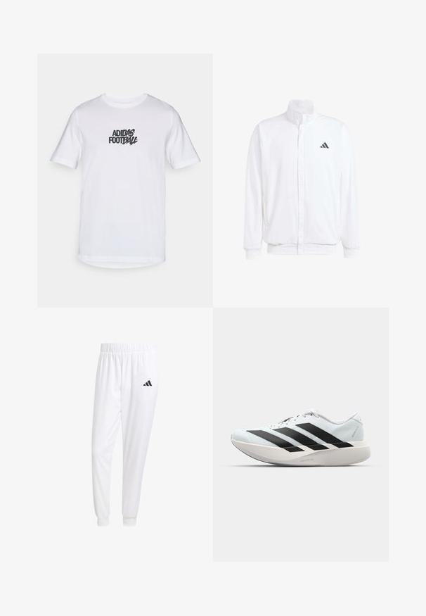 Biela ľahká bunda so stojáčikovým golierom, predným zipsom, bočnými vreckami a čiernym logom Adidas na ľavej hrudi. Mäkčená štruktúra.; Biele bavlnené tričko s krátkymi rukávmi, na prednej strane s čiernou grafikou Adidas Football. Štandardný dizajn s kulatým výstrihom.; Biele športové nohavice z hladkej tkaniny, s elastickým pásom a priliehavými manžetami, s čiernym logom na zadnej vrecku.; Ľahké bežecké topánky v svetlomodrej farbe s čiernymi pruhmi. Majú hladký zvršok, okrúle špičky a hrubú bielu medzipodrážku označenú "LIGHTSTRIKE PRO."