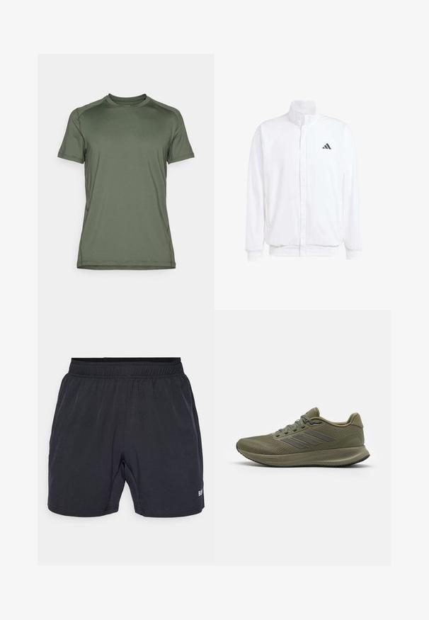 Casaco leve branco com colarinho alto, fecho frontal com zipper, bolsos laterais e um logótipo preto da Adidas no peito esquerdo. Textura suave.; Camisa atlética de manga curta na cor verde-oliva, feita de um tecido leve e suave; apresenta umDecote redondo e um detalhe de costuras mínimos.; Calções pretos com uma cintura elástica, feitos de um tecido liso e leve, apresentando um pequeno logotipo no canto inferior direito.; Tênis atléticos verdes com parte superior em malha texturizada, três riscas cinzentas de lado e uma sola acolchoada. Possui atacadores e um colarinho acolchoado.