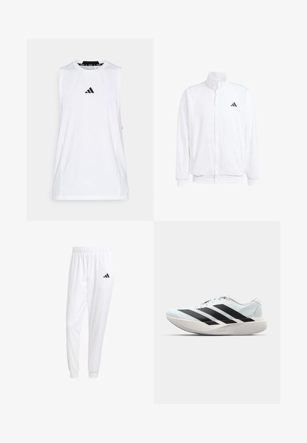 Balta lengva striukė su stovinčiu apykaklės, priekyje užtrauktuku, šoninėmis kišenėmis ir juodu Adidas logotipu kairėje krūtinės pusėje. Minkšta tekstūra.; adidas Performance TANK - Viršus - white; Balti sportiniai keliaraiščiai, pagaminti iš lygios medžiagos, su elastinga liemene ir priglundančiais rankogaliais, ant galinio kišenės yra juodas logotipas.; Lengvi bėgimo batai šviesiai mėlynos spalvos su juodomis juostelėmis. Yra lygus viršus, apvalus pirštas ir storas baltas vidpadis su užrašu "LIGHTSTRIKE PRO."