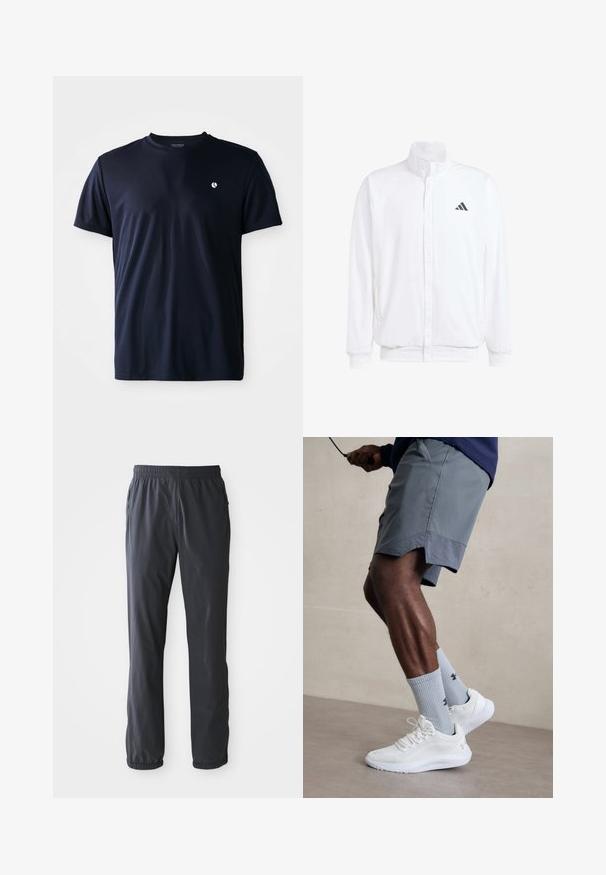 Fehér, könnyű dzseki, álló gallérral, elülső cipzáros záródással, oldalsó zsebekkel és fekete Adidas logóval a bal mellen. Puha tapintású.; Sötétkék, rövid ujjú sportpóló, bal mellen kis fehér logóval és kerek nyakkivágással.; Férfi sötét szürke, könnyű nadrág, rugalmas derékpánttal és bokacsíkokkal, elől zsebek cipzárral, fehér háttéren lefektetve.; Fehér sportcipők, amelyek texturált hálós felsőrésszel rendelkeznek, világoskék bordázott zoknival, amely logót visel. Szürke sportshortok perforált díszítéssel.