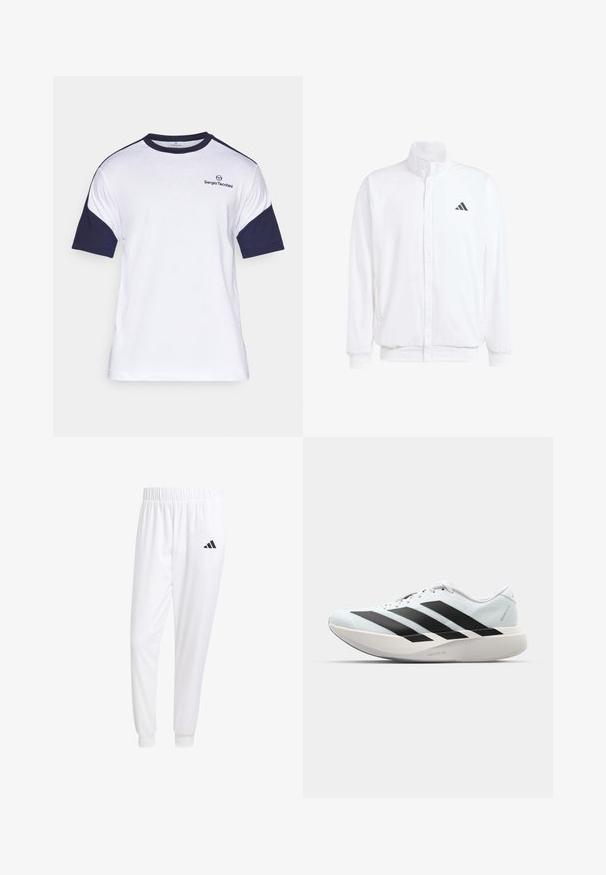 Bela lahka jakna s stojčnim ovratnikom, sprednjim zadrgo, stranskimi žepi in črnimi Adidasovimi logotipi na levem prsnem delu. Mehak material.; Bela bomba majica iz bombaža s kratkimi rokavi v mornarsko modri barvi, z okroglim vratnim izrezom in majhnim logotipom na prsih. Mehek materiali, sproščen dizajn.; Bele atletske hlače iz gladkega materiala, z elastičnim pasom in prilagojenimi manšetami, na zadnjem žepu pa je črna logo.; Lahki tekaški čevlji v svetlo modri barvi z belimi črtami. Imajo gladek zgornji del, okroglo kapico in debel bel srednji podplat z označbo "LIGHTSTRIKE PRO."