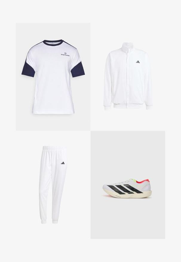Witte lichtgewicht jas met een staande kraag, voorzijde met rits, zijzakken en een zwart Adidas-logo op de linkerborst. Zachte textuur.; Witte katoenen t-shirt met marineblauwe korte mouwen, met een ronde hals en een klein logo op de borst. Zachte textuur, casual ontwerp.; Witte sportbroek van gladde stof, met een elastische tailleband en smalle taillebanden, voorzien van een zwart logo op de achterzak.; Witte hardloopschoen met zwarte strepen, neon groene accenten en een rode hak. Beschikt over een lichtgewicht ontwerp en een gestructureerde zool voor grip.