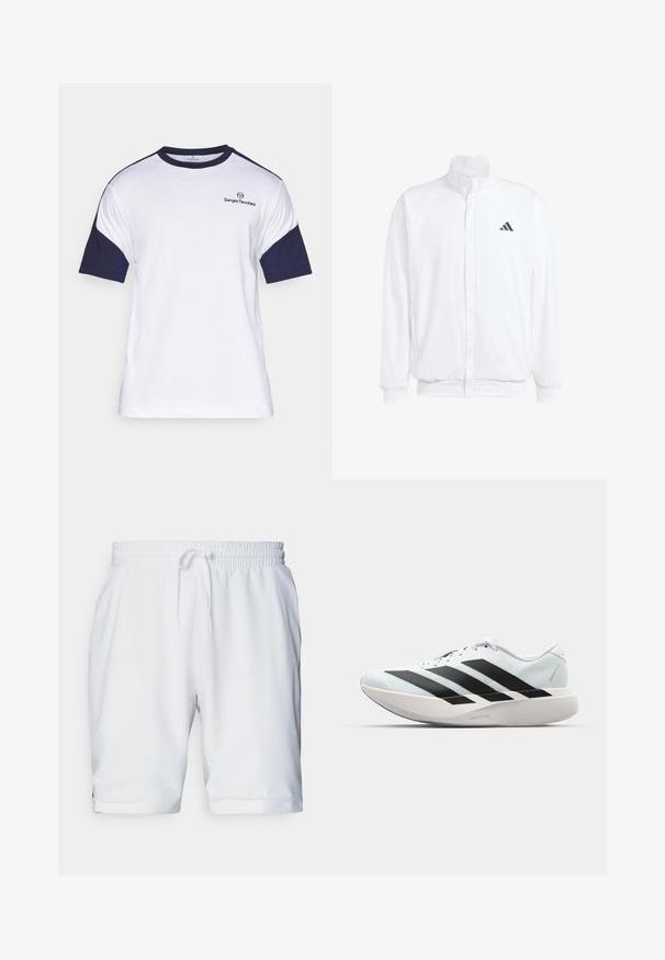 White lightweight jacket featuring a stand collar, front zipper closure, side pockets, and a black Adidas logo on the left chest. Soft texture.; White cotton t-shirt with navy blue short sleeves, featuring a round neck and a small logo on the chest. Soft texture, casual design.; White athletic shorts with an elastic waistband and adjustable drawstring. Smooth fabric with a subtle texture, featuring side pockets.; Lightweight running shoes in pale blue with black stripes. Features a smooth upper, round toe, and thick white midsole labeled "LIGHTSTRIKE PRO."