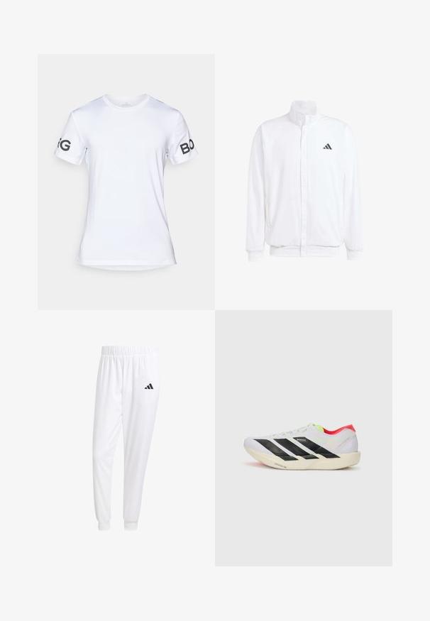 Casaco leve branco com colarinho alto, fecho frontal com zipper, bolsos laterais e um logótipo preto da Adidas no peito esquerdo. Textura suave.; Camiseta branca de manga curta feita de material leve. Apresenta texto preto "BORG" na manga esquerda e um decote redondo.; Calças esportivas brancas feitas de tecido suave, com uma cintura elástica e punhos ajustados, apresentando um logo preto no bolso de trás.; Sapatilha de corrida branca com riscas pretas, detalhes em verde neón e um calcanhar vermelho. Apresenta um design leve e uma sola texturizada para melhor aderência.