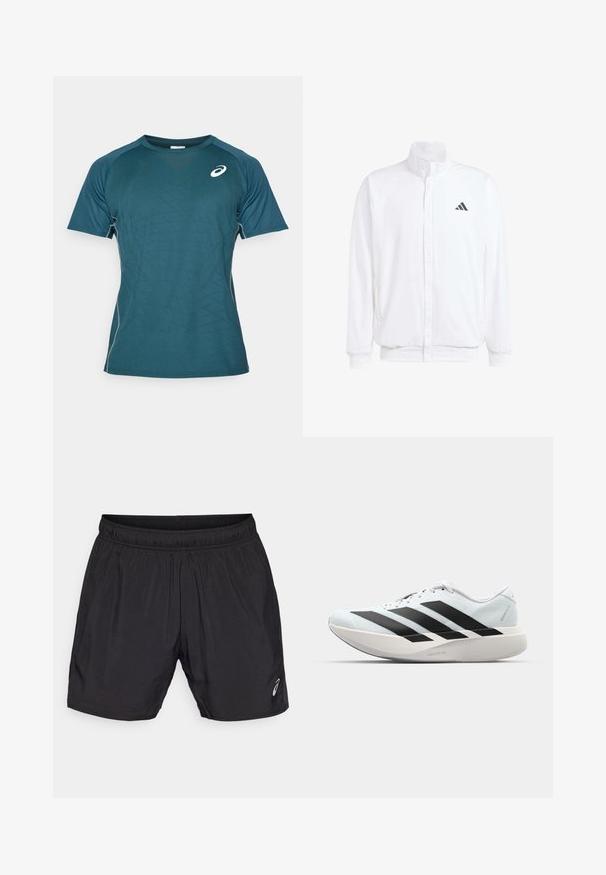 Valkoinen kevyt takki, jossa on pystysuora kaulus, etuvetoketju, sivutaskut ja musta Adidas-logo vasemmassa rinnassa. Pehmeä rakenne.; Lyhyet hihat urheilupaita tumman teal-värisestä kankaasta, jossa on teksturoitu geometrinen kuvio. Paidassa on pyöreä kaula-aukko ja kontrastiväriset ompelu yksityiskohdat.; Mustat urheilushortsit, jotka on valmistettu kevyestä materiaalista, ja joissa on joustava vyötärönauha sekä pieni logo vasemmassa alakulmassa.; Kevyt juoksukengät vaaleansinisinä mustilla raidoilla. Ominaisuuksiin kuuluu sileä pinta, pyöreä kärki ja paksu valkoinen välipohja, joka on merkitty "LIGHTSTRIKE PRO".