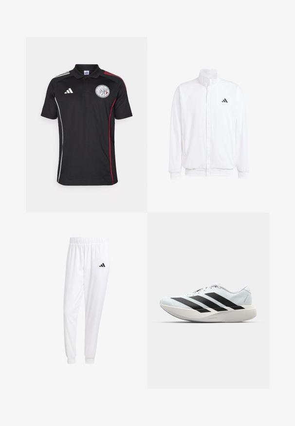 Bílá lehká bunda s stojatým límcem, předním zipem, bočními kapsami a černým logem Adidas na levé hrudi. Měkká textura.; Černá polo košile s bílými a červenými bočními pruhy, bílým logem Adidas a kruhovým emblémem. Vyrobena z hladkého materiálu, má límeček a tři knoflíky.; Bílé sportovní kalhoty vyrobené z hladkého materiálu, s elastickým pasem a přiléhavými manžetami, s černým logem na zadní kapse.; Lehké běžecké boty v světle modré barvě s černými pruhy. Mají hladký svršek, kulatou špičku a silnou bílou mezipodešev označenou "LIGHTSTRIKE PRO."