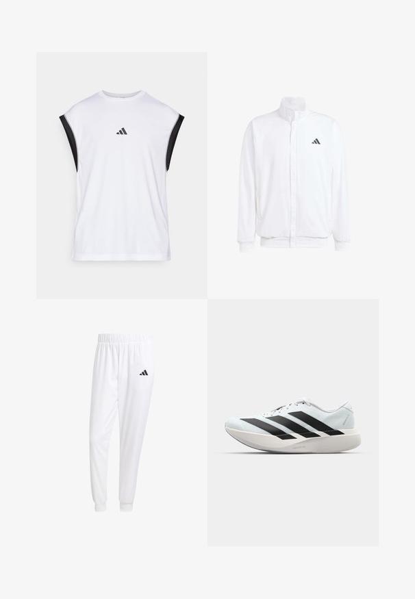 White lightweight jacket featuring a stand collar, front zipper closure, side pockets, and a black Adidas logo on the left chest. Soft texture.; White athletic tank top with black shoulder accents. Features a round neckline and a small black logo on the front. Smooth fabric texture.; White athletic pants made of smooth fabric, featuring an elastic waistband and fitted cuffs, with a black logo on the back pocket.; Lightweight running shoes in pale blue with black stripes. Features a smooth upper, round toe, and thick white midsole labeled "LIGHTSTRIKE PRO."