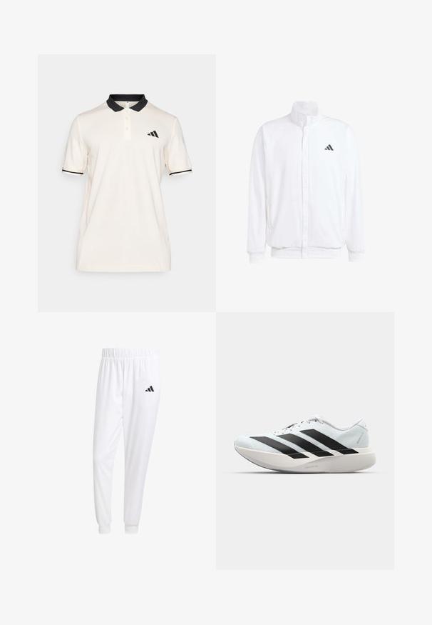 Biała lekka kurtka z podwyższonym kołnierzem, przednim zamkiem błyskawicznym, bocznymi kieszeniami oraz czarnym logo Adidas na lewej piersi. Miękka tekstura.; Kremowa koszulka polo z czarnym kołnierzykiem i paskami. Zapięcie na trzy guziki. Po lewej stronie klatki piersiowej znajduje się czarne logo Adidasa. Miękka faktura materiału.; Białe sportowe spodnie z gładkiego materiału, z elastycznym pasem w talii i dopasowanymi mankietami, z czarnym logo na tylnej kieszeni.; Lekkie buty do biegania w jasnoniebieskim kolorze z czarnymi pasami. Posiadają gładką cholewkę, okrągły nosek oraz grubą białą podeszwę środkową oznaczoną "LIGHTSTRIKE PRO."