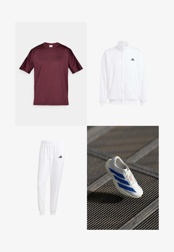 Bela lahka jakna s stojčnim ovratnikom, sprednjim zadrgo, stranskimi žepi in črnimi Adidasovimi logotipi na levem prsnem delu. Mehak material.; Burgundska atletska majica z kratkimi rokavi, okroglim ovratnikom in majhnim črnim logotipom na prsih. Narejena iz gladkega, lahkega materiala.; Bele atletske hlače iz gladkega materiala, z elastičnim pasom in prilagojenimi manšetami, na zadnjem žepu pa je črna logo.; Beli športni čevlji z modrimi črtami, lahka zasnova, mrežna zgornji del, zavezovanje s čipko in teksturiran gumijast podplat, ki lebdi nad mrežno površino.