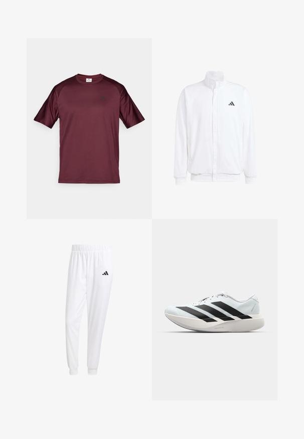 Chaqueta ligera blanca con cuello alzado, cierre frontal con cremallera, bolsillos laterales y un logo negro de Adidas en el lado izquierdo del pecho. Textura suave.; Camiseta deportiva burdeos con mangas cortas, cuello redondo y un pequeño logo negro en el pecho. Fabricada en material suave y ligero.; Pantalones deportivos blancos de tela suave, con cinturilla elástica y puños ajustados, y un logo negro en el bolsillo trasero.; Zapatillas de running ligeras en azul pálido con rayas negras. Presentan una parte superior suave, puntera redonda y una gruesa mediasuela blanca etiquetada como "LIGHTSTRIKE PRO".