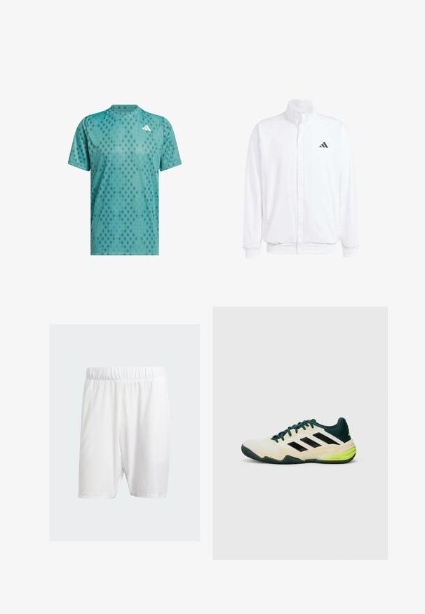 Vit lättviktsjacka med ståkrage, framdragkedja, sidofickor och en svart Adidas-logotyp på vänster bröst. Mjuk textur.; Teal atletisk t-shirt i andningsbart material med ett diamantmönster; rund hals; korta ärmar; accentlogotyp på bröstet.; Vita atletiska shorts i lätt tyg, med elastisk midja, slät yta och knälång längd.; Tennisskor med en krämfärgad ovandel, svarta ränder, gröna detaljer och en texturerad gummisula för bättre grepp. Tillverkade av syntetiska material.