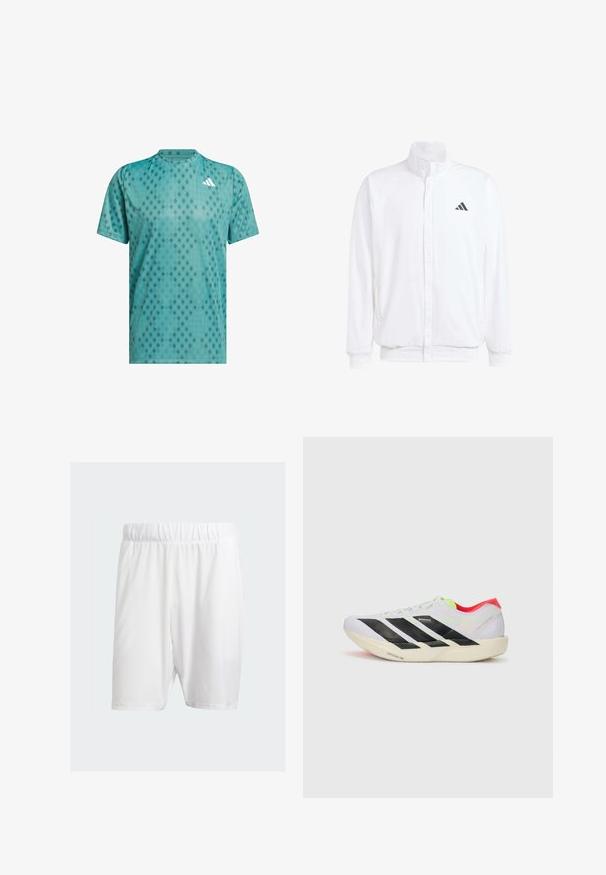 Jachetă albă ușoară, cu guler în picioare, închidere cu fermoar în față, buzunare laterale și un logo Adidas negru pe pieptul stâng. Textură moale.; Tricou sportiv de culoare teal, fabricat dintr-un material respirabil, având un model în formă de diamant; guler rotund; mâneci scurte; logo de accent pe piept.; Șorturi albe de sport confecționate dintr-un material ușor, cu un bandă elastică la talie, textură netedă și croială până la genunchi.; Adidași albi pentru alergare cu dungi negre, accente verzi neon și toc roșu. Prezintă un design ușor și o talpă texturată pentru aderență.